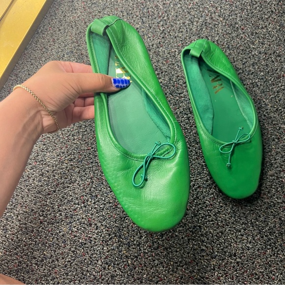 ZARA Bright Green Colorful Ballet Flats Leather Bow Soft Shoes Square Toe Sz 7.5 - Picture 13 of 16